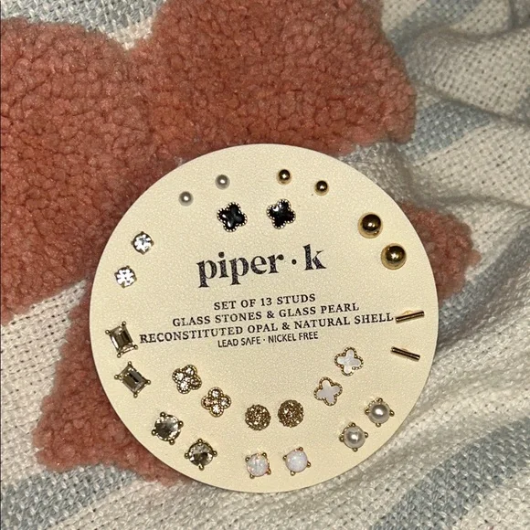 NWT Piper K Gold and Black Stud Earring Set of 12 Opal Shell glass stones - Picture 4 of 4